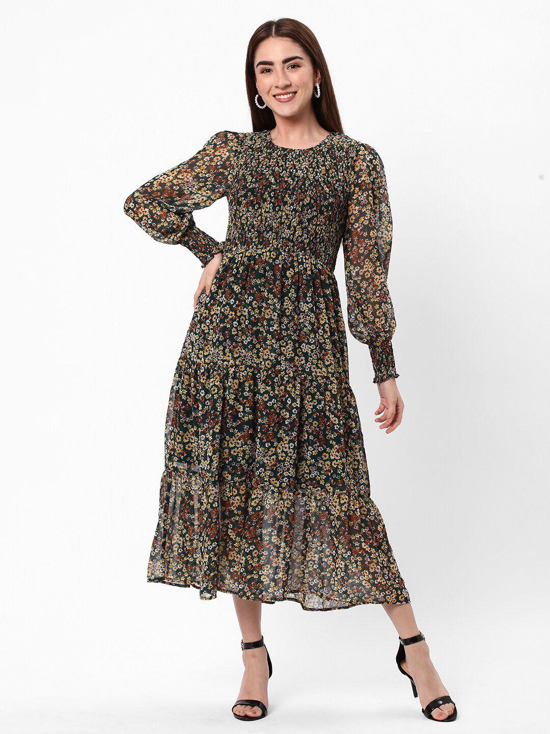 r&b floral printed puff sleeve fit & flare midi dress