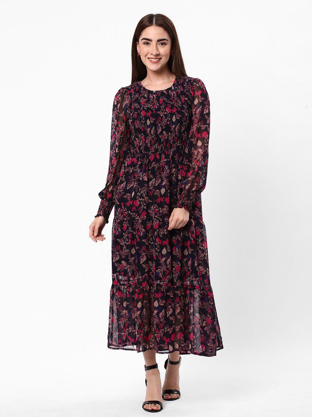 r&b floral printed puff sleeve fit & flare midi dress