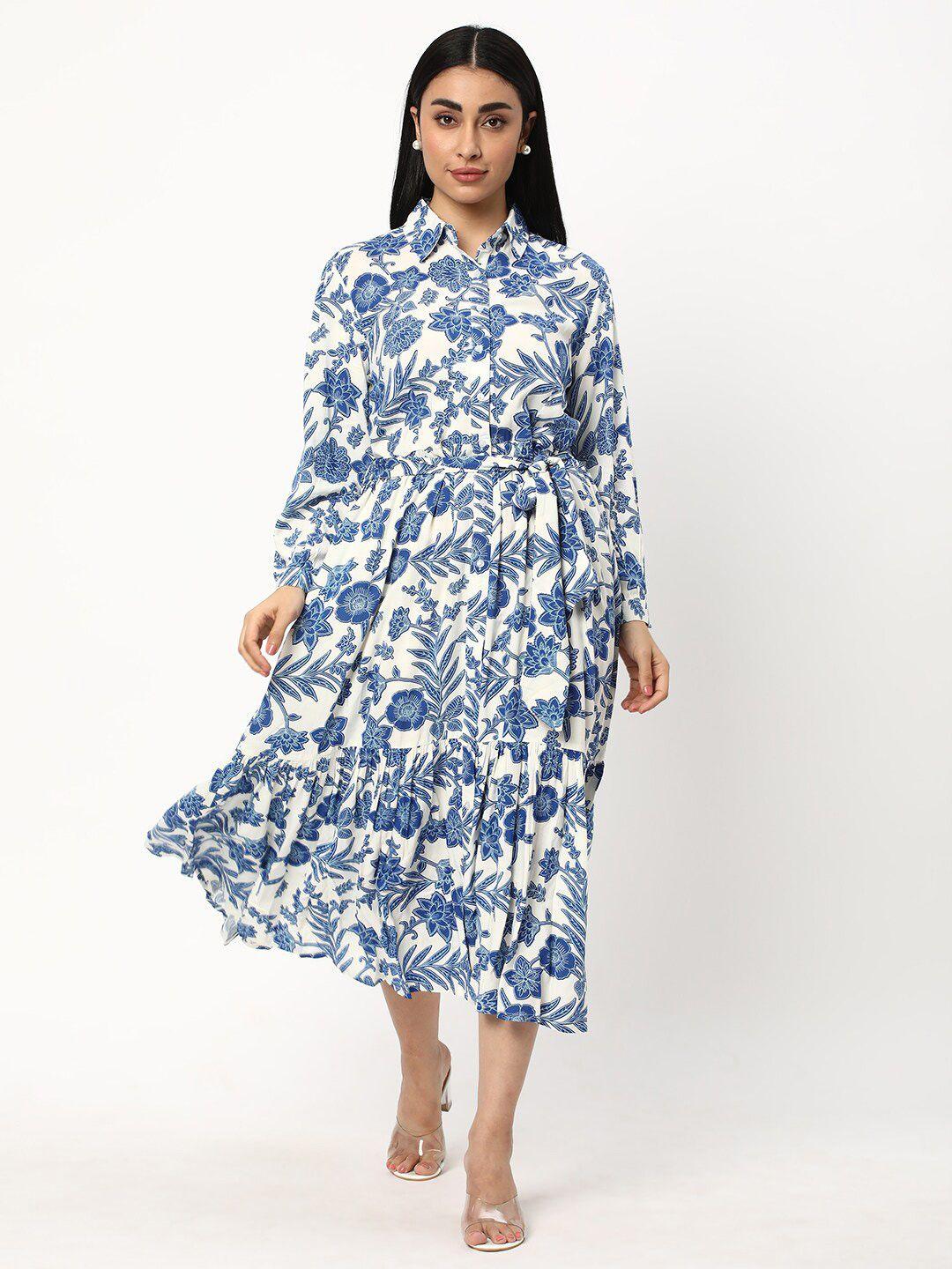 r&b floral printed shirt collar cuffed sleeves fit and flare tie-ups dress