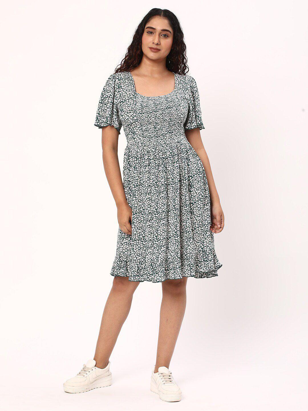r&b floral printed square neck flared sleeves fit & flare dress