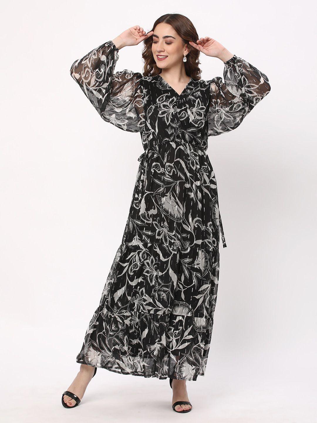 r&b floral printed v-neck puff sleeves maxi dress