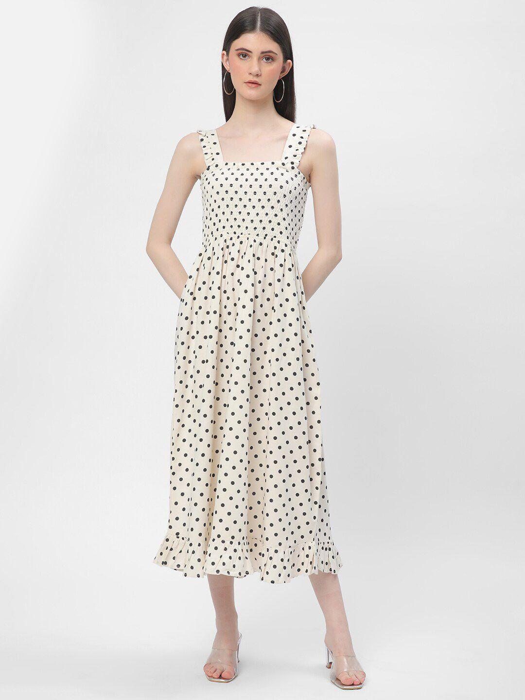 r&b polka dot printed shoulder straps smocked fit & flare midi dress