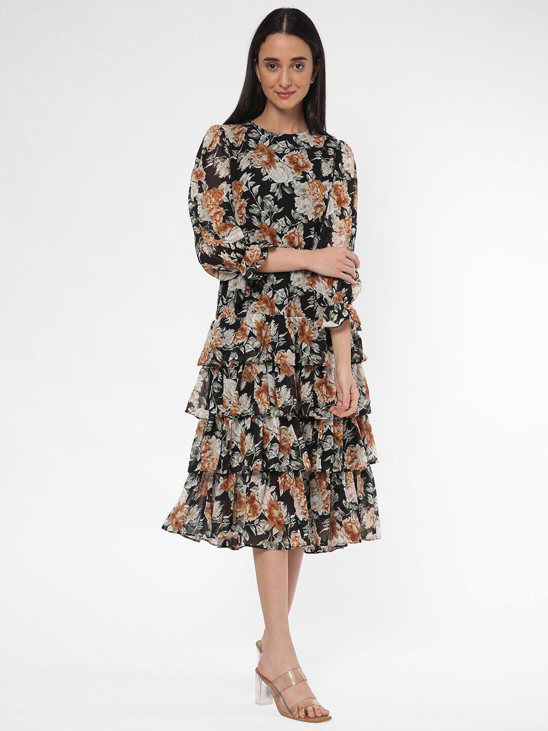 r&b round neck floral printed layered fit & flare midi dress with belt