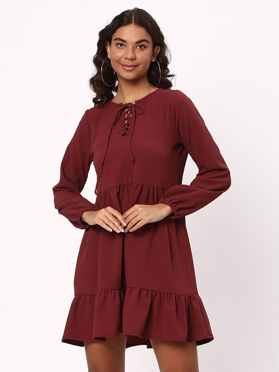 r&b tie up neck puff sleeves a-line dress