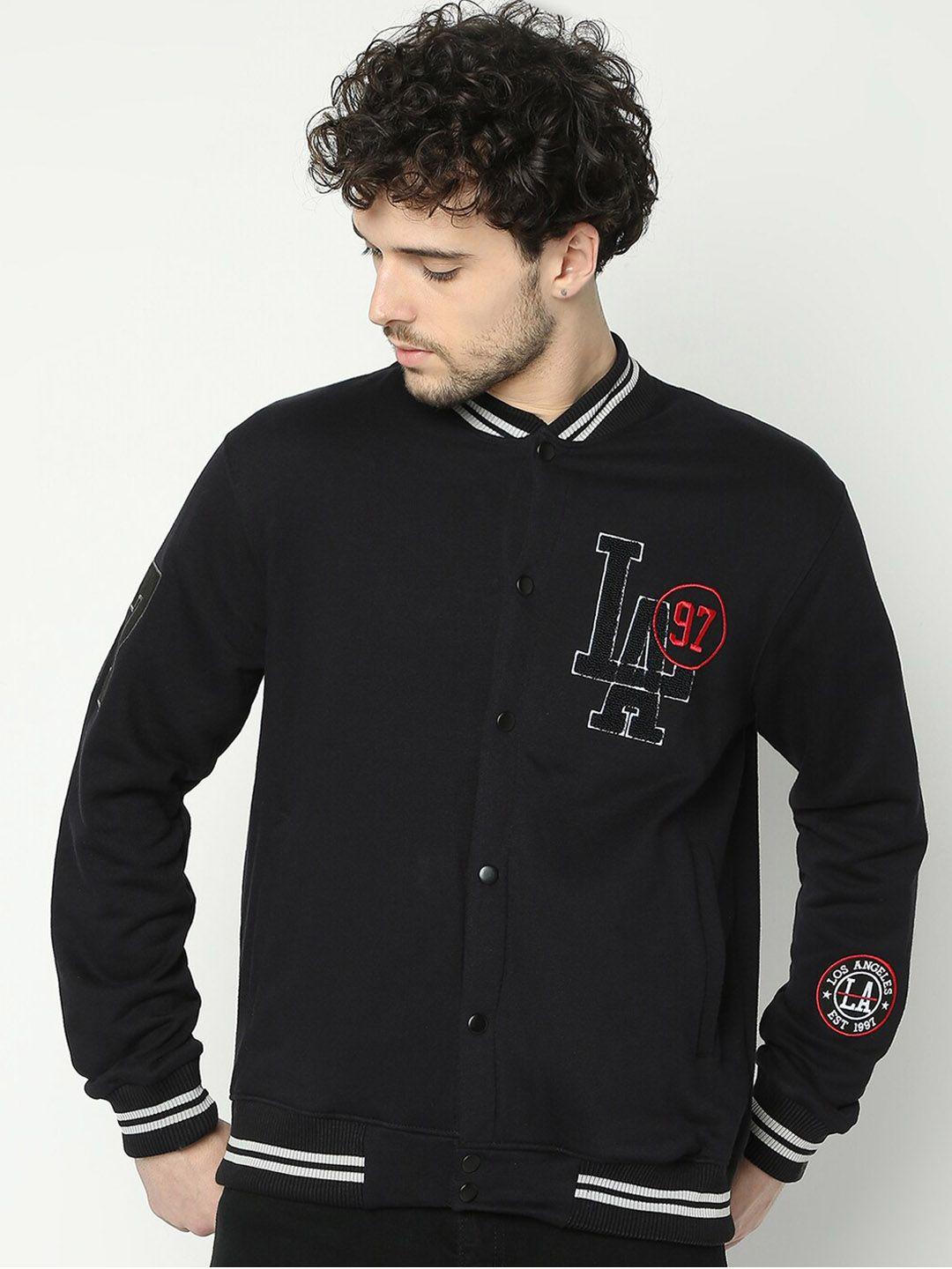 r&b typography printed stand collar cotton bomber jacket