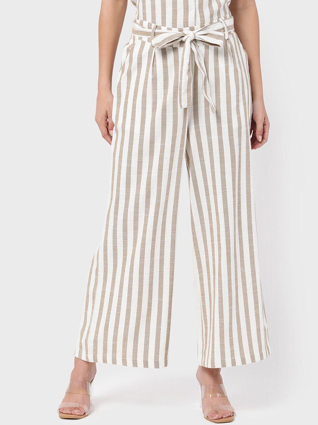 r&b women beige striped flared trousers