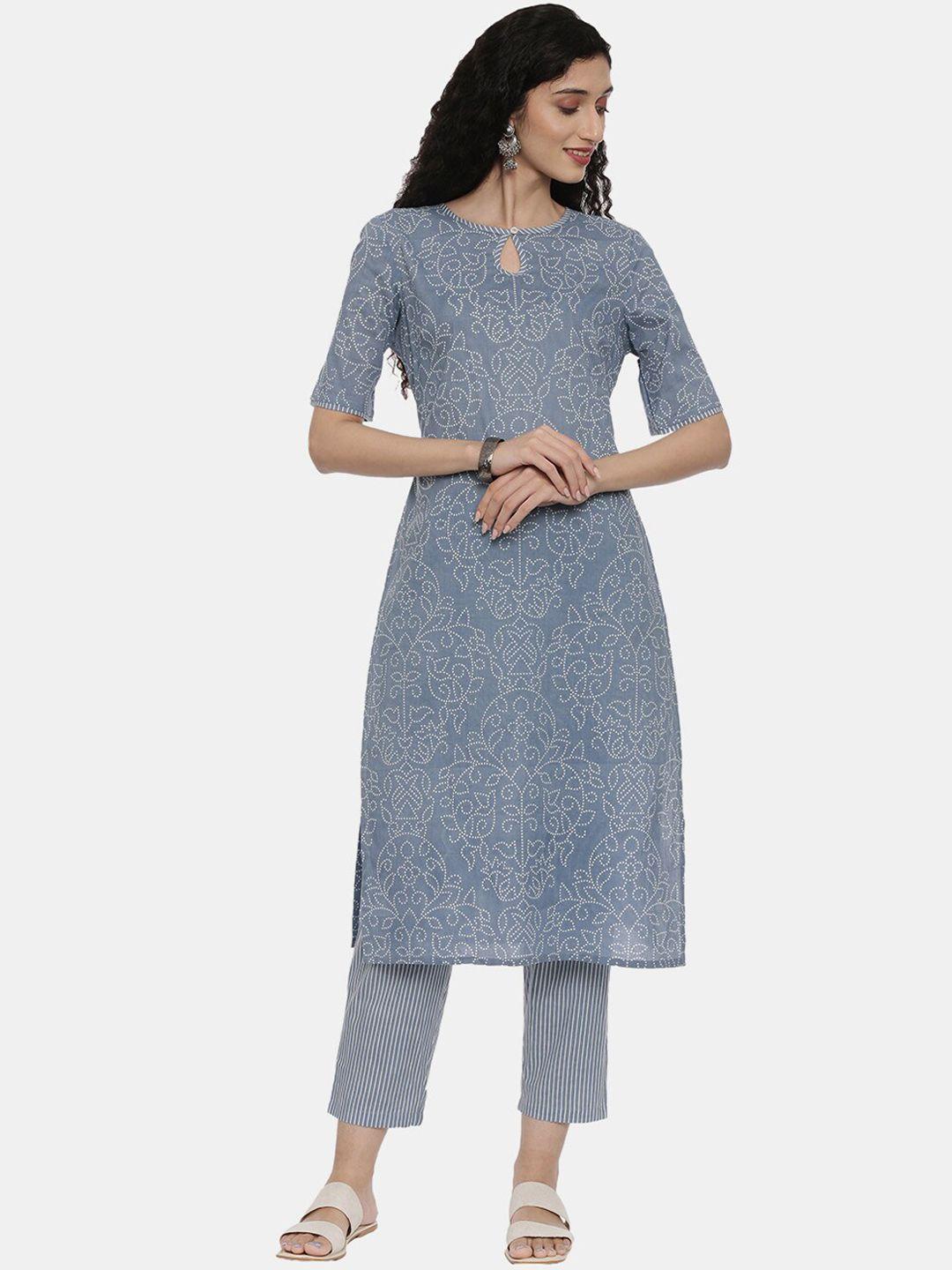 r&b women blue printed pure cotton kurta with trousers