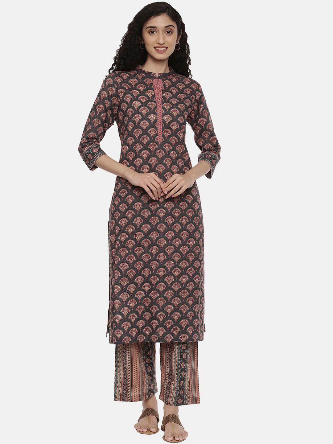 r&b women grey ethnic motifs printed pure cotton kurta with palazzos