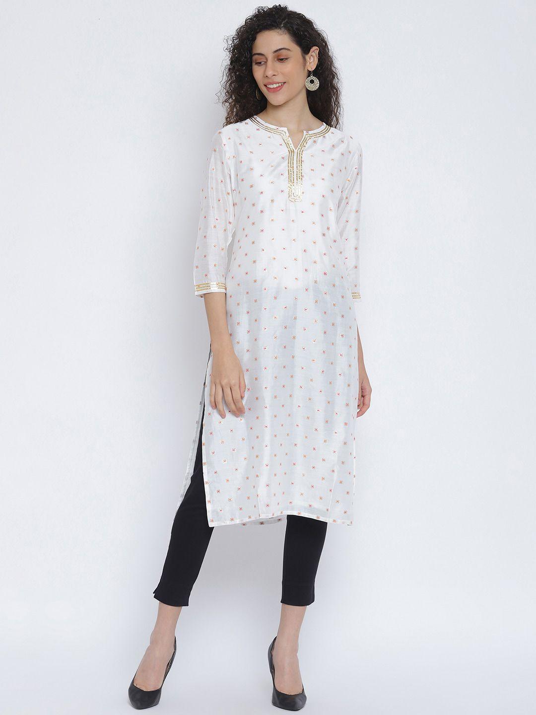 r&b women ivory white geometric embroidered v neck kurta