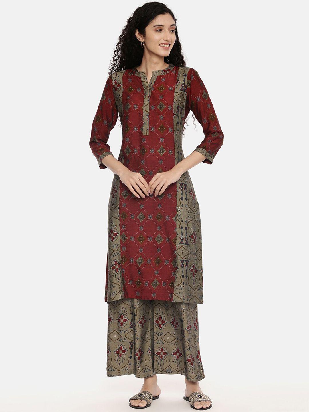 r&b women maroon ethnic motifs printed panelled kurta with skirt