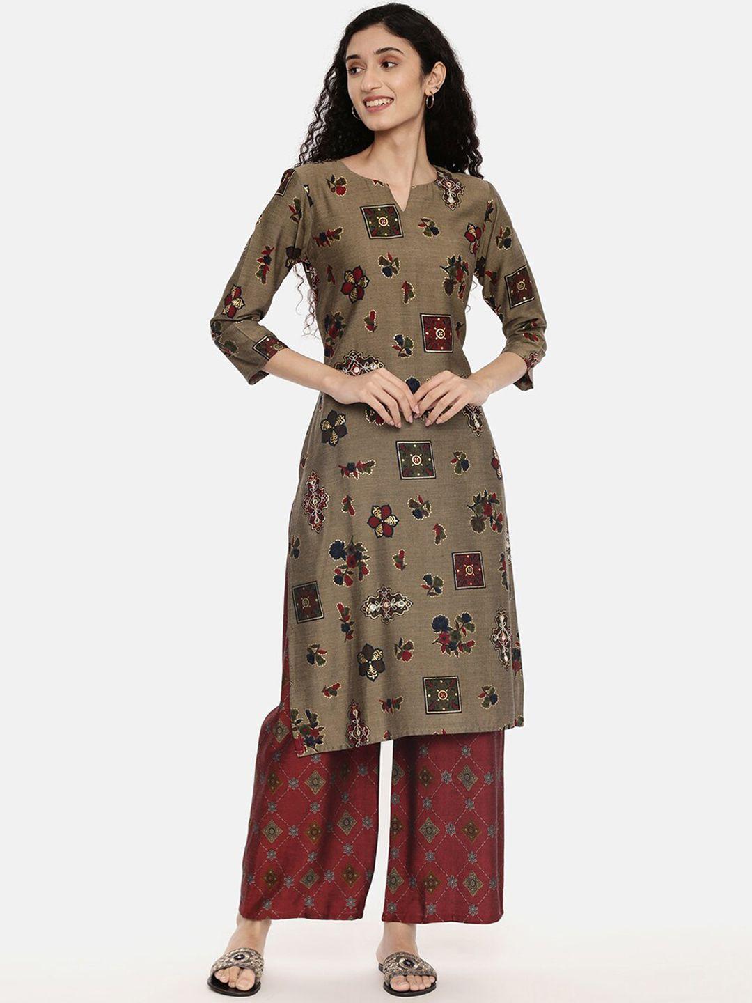 r&b women maroon printed kurti with palazzos
