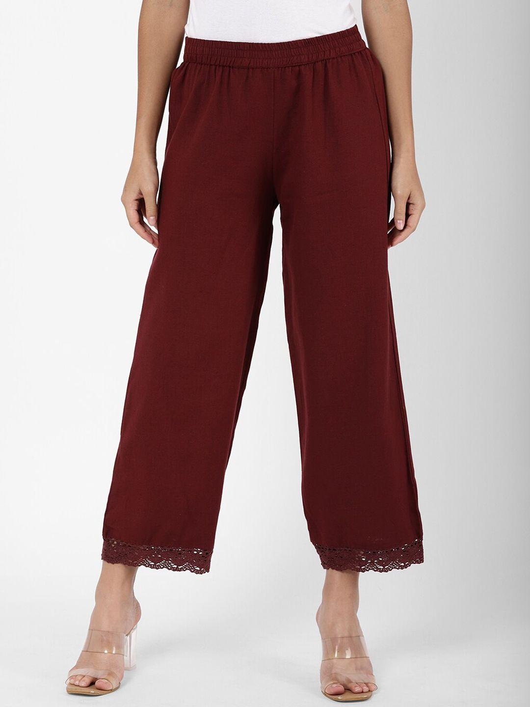 r&b women maroon relaxed straight leg loose fit trousers