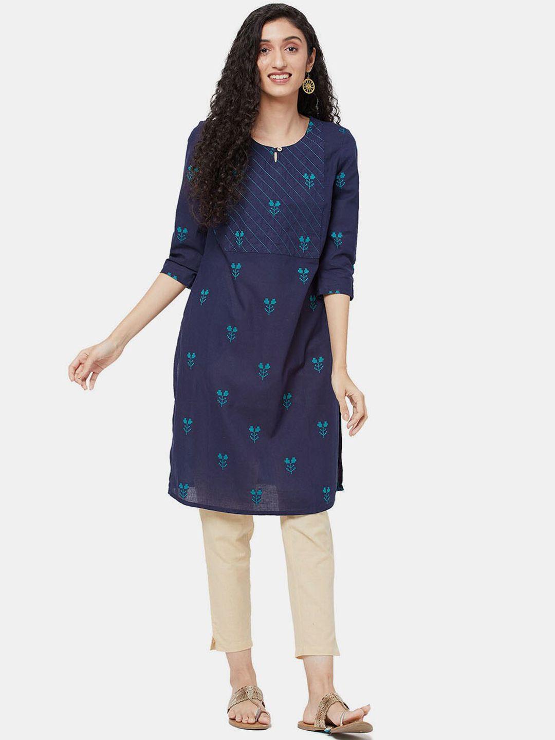 r&b women navy blue & blue floral printed keyhole neck kurta