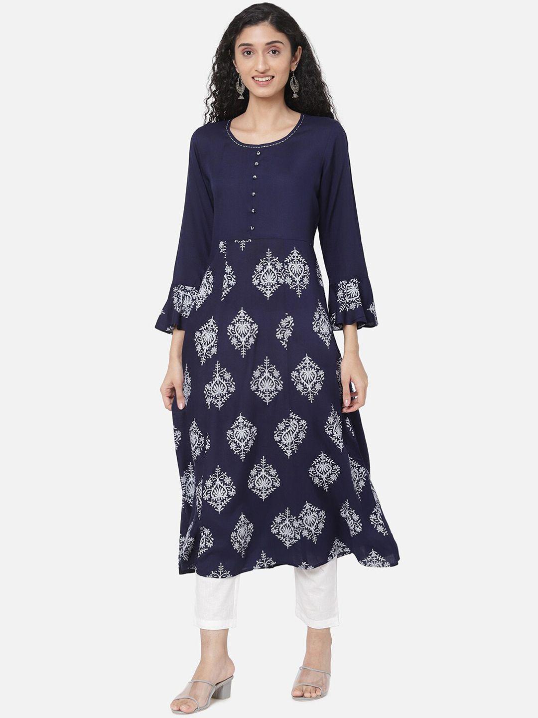 r&b women navy blue & white ethnic motifs printed flared sleeves anarkali kurta