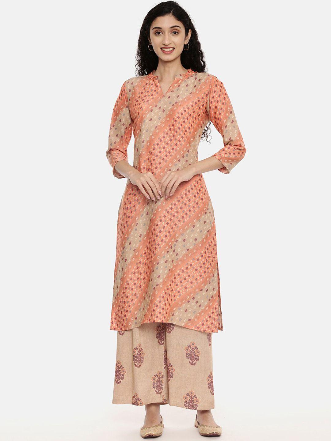 r&b women orange ethnic motifs printed kurta with palazzos