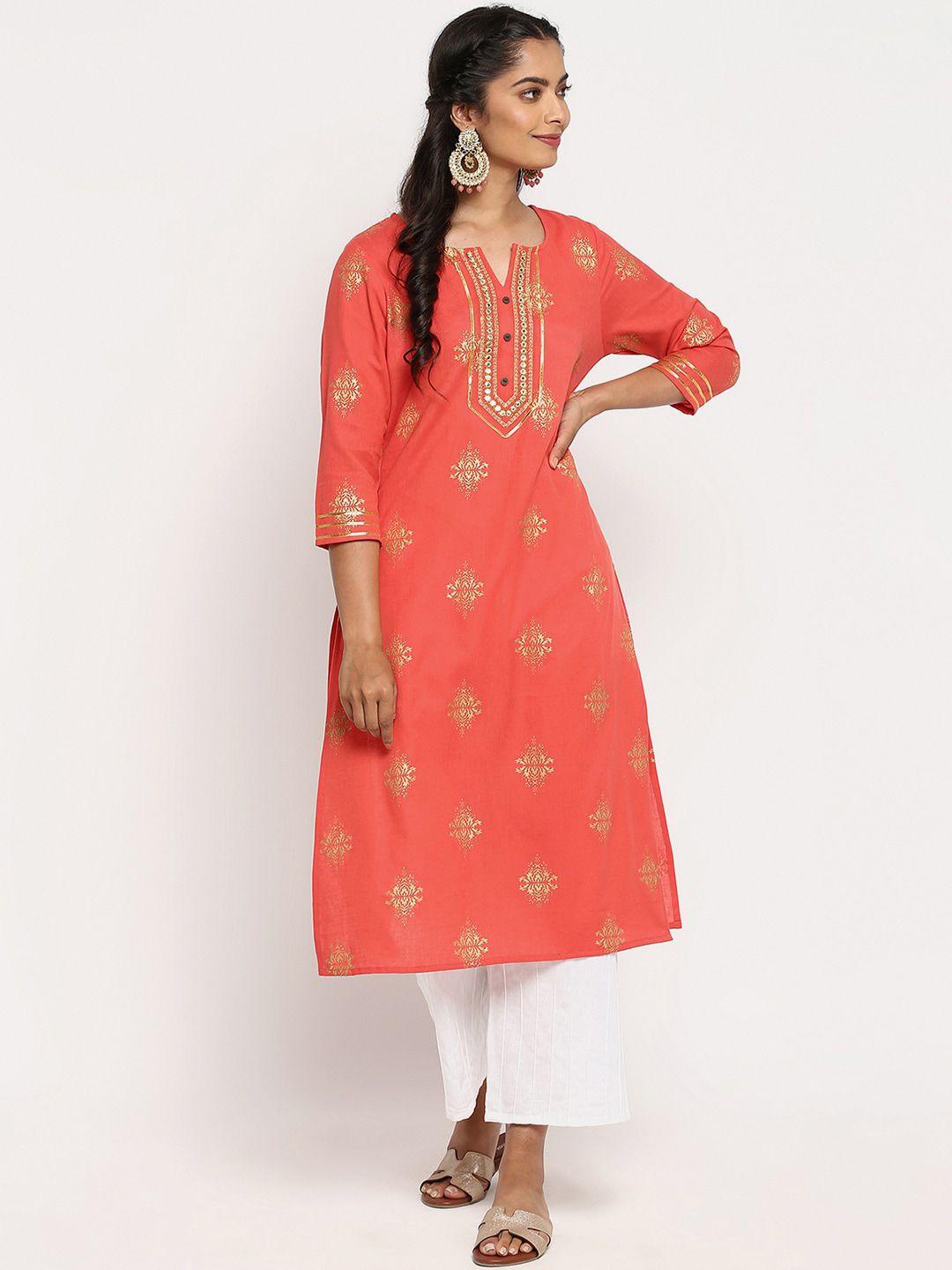 r&b women peach-coloured ethnic motifs printed keyhole neck thread work kurta