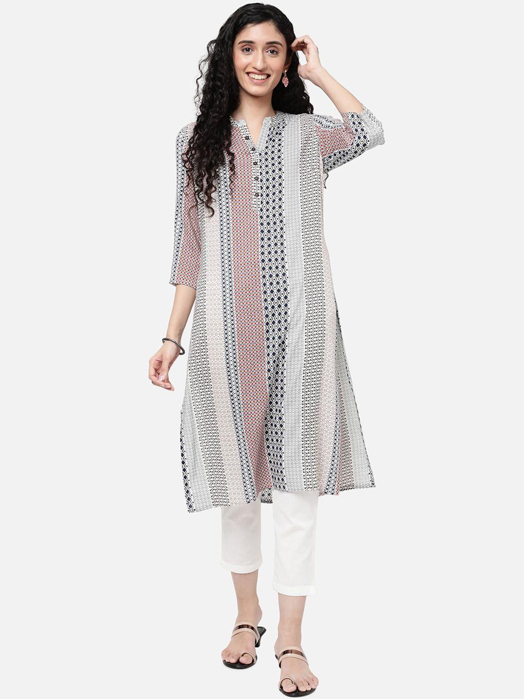 r&b women white & blue geometric striped kurta