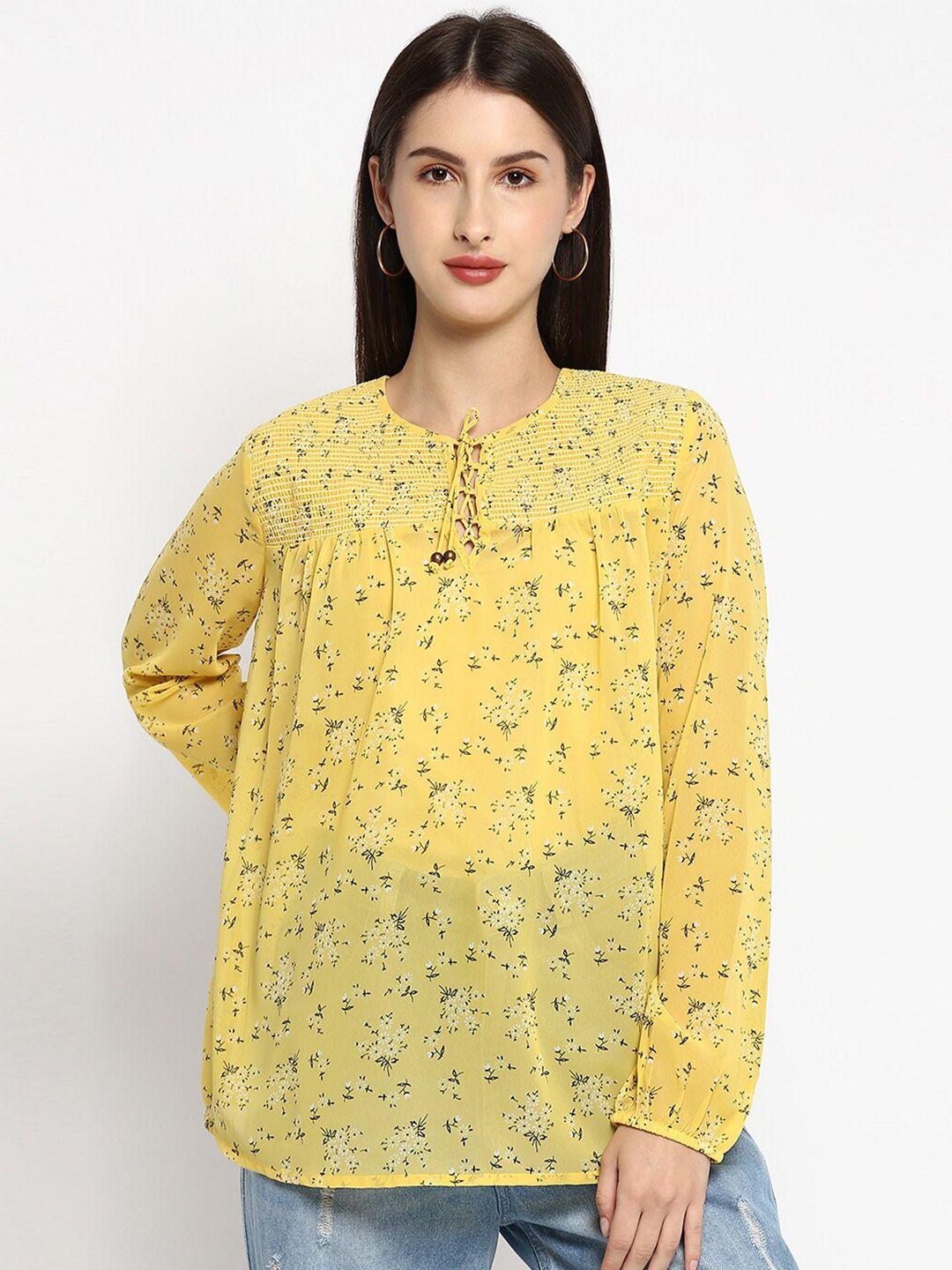 r&b women yellow floral printed tie-up neck top