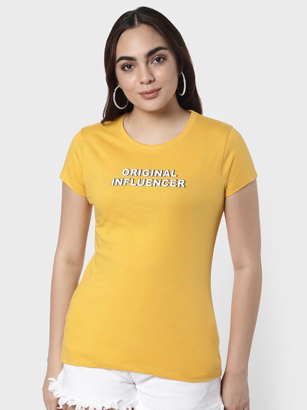 r&b women yellow typography printed t-shirt