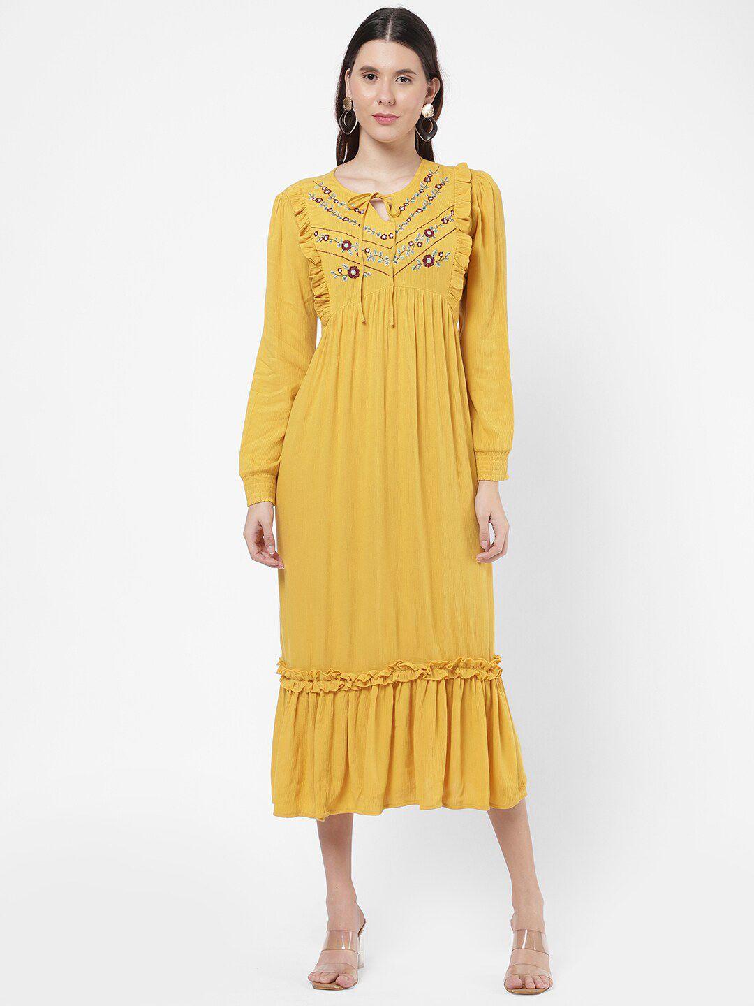 r&b yellow tie-up neck a-line dress