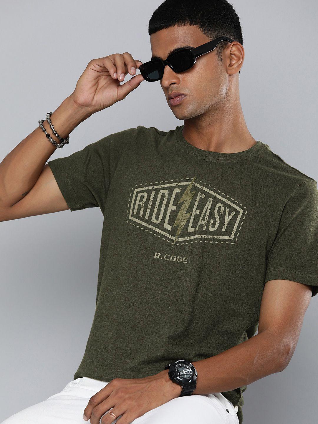 r code by the roadster life co men olive green typography printed t-shirt