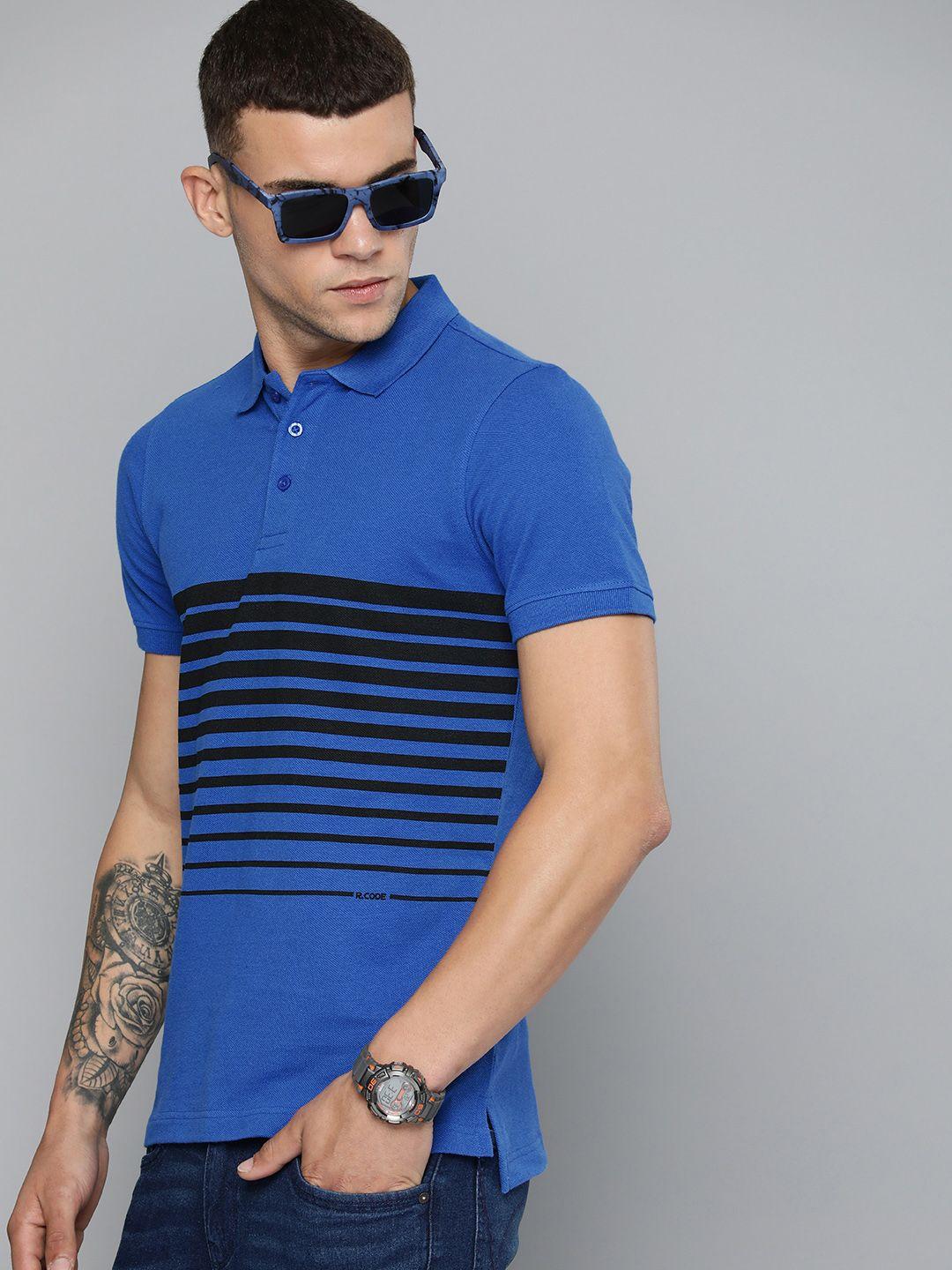 r code by the roadster life co men striped polo collar pure cotton t-shirt