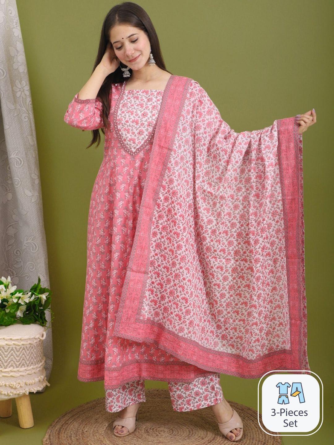 r ranak creation floral printed anarkali beads and stones cotton kurta set with dupatta