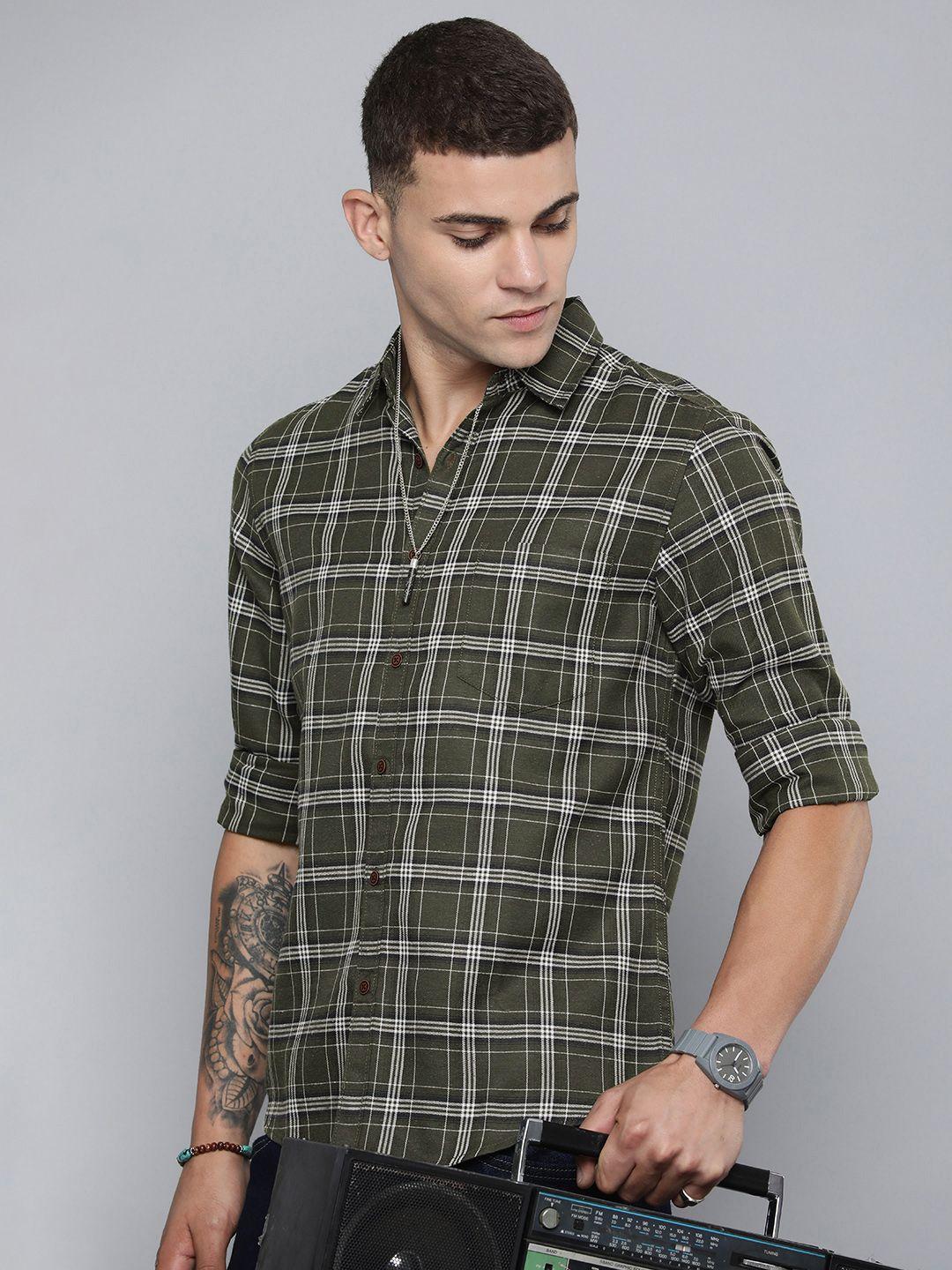 r.code by the roadster life co. tartan checks spread collar casual shirt