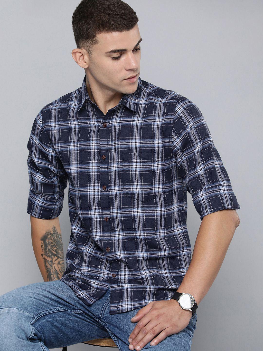 r.code by the roadster life co. tartan checks spread collar casual shirt