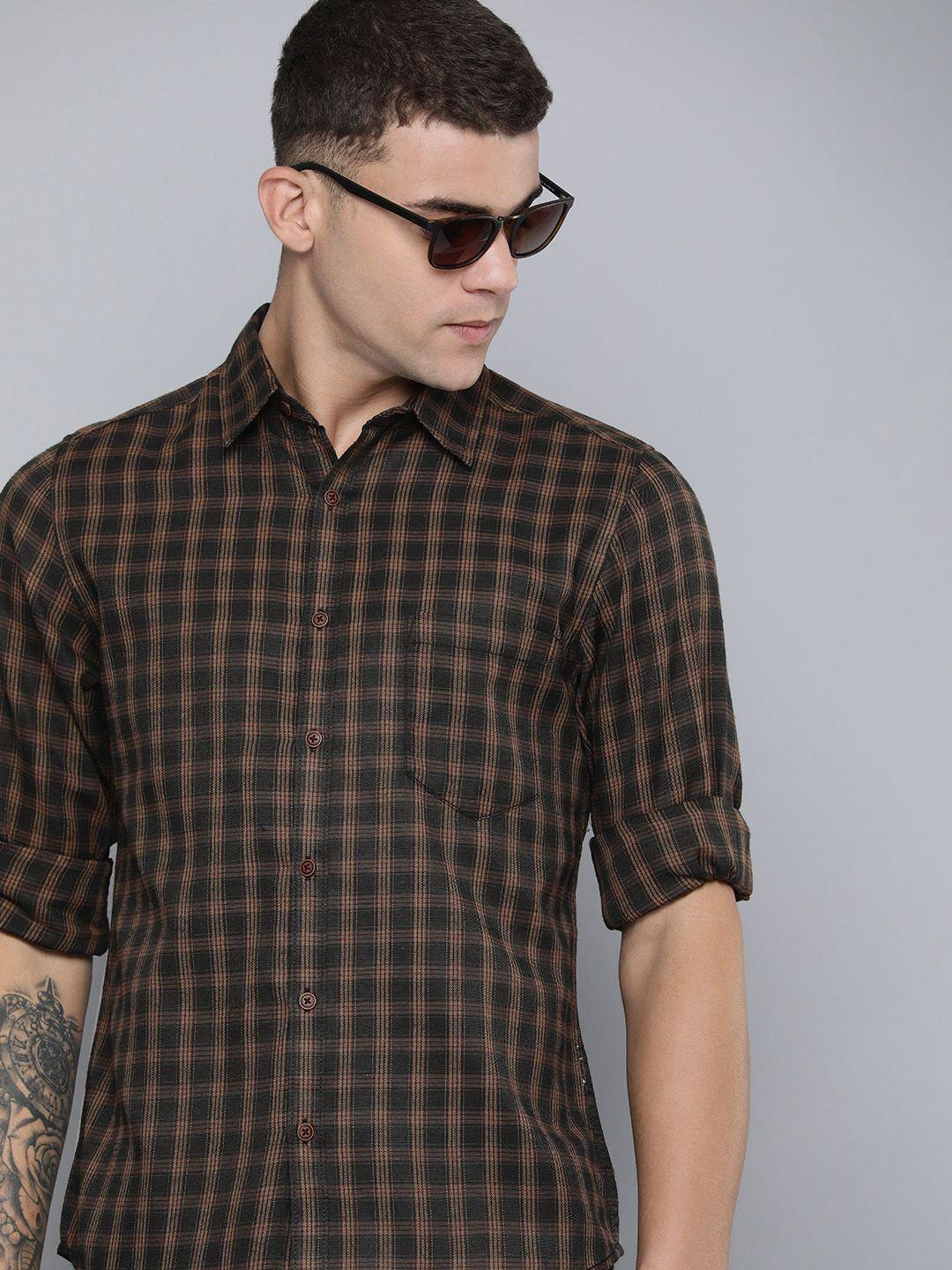 r.code by the roadster life co. tartan checks spread collar casual shirt