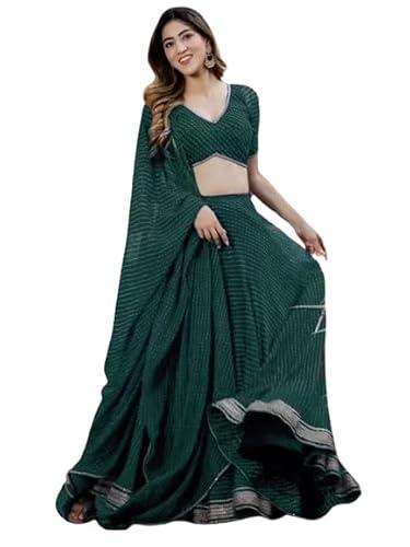 r4mila embroidered, self design, striped, leheriya semi stitched lehenga choli (green)