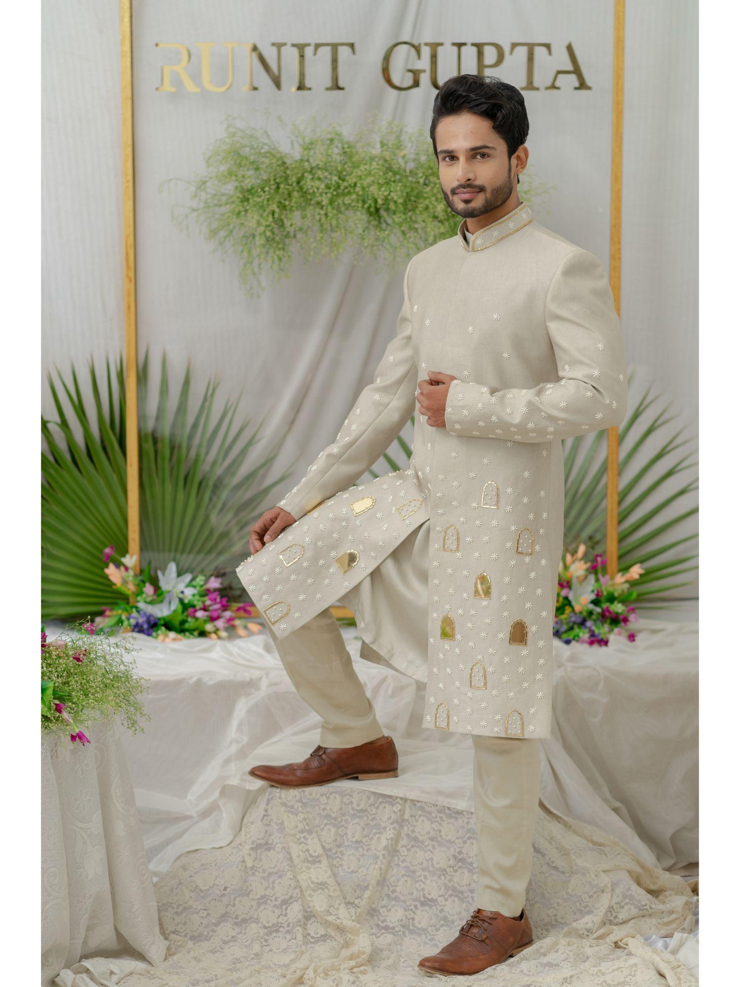 raag grey embroidered sherwani kurta with pyjama (set of 3)