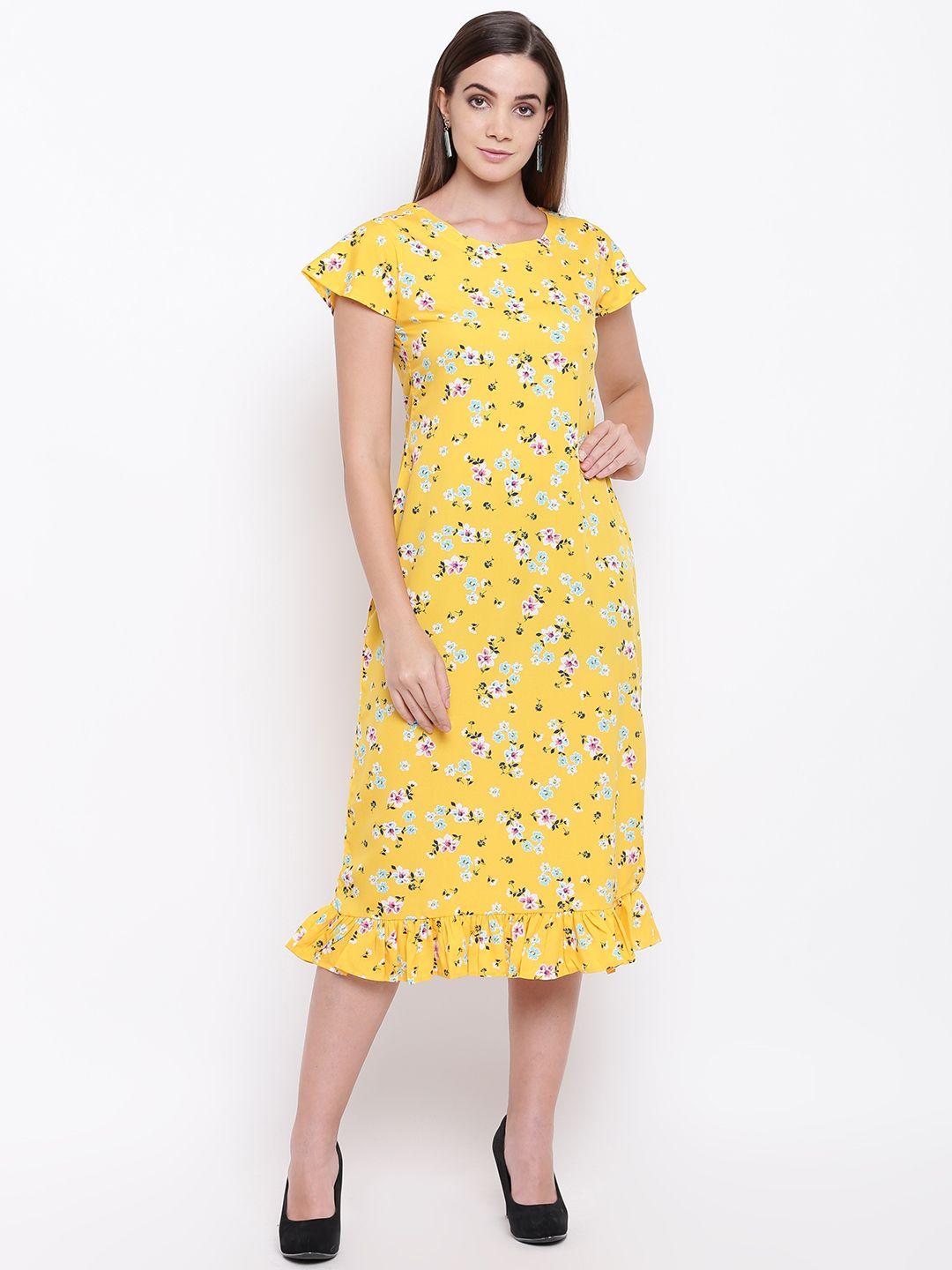 raano women yellow & off-white floral print a-line dress