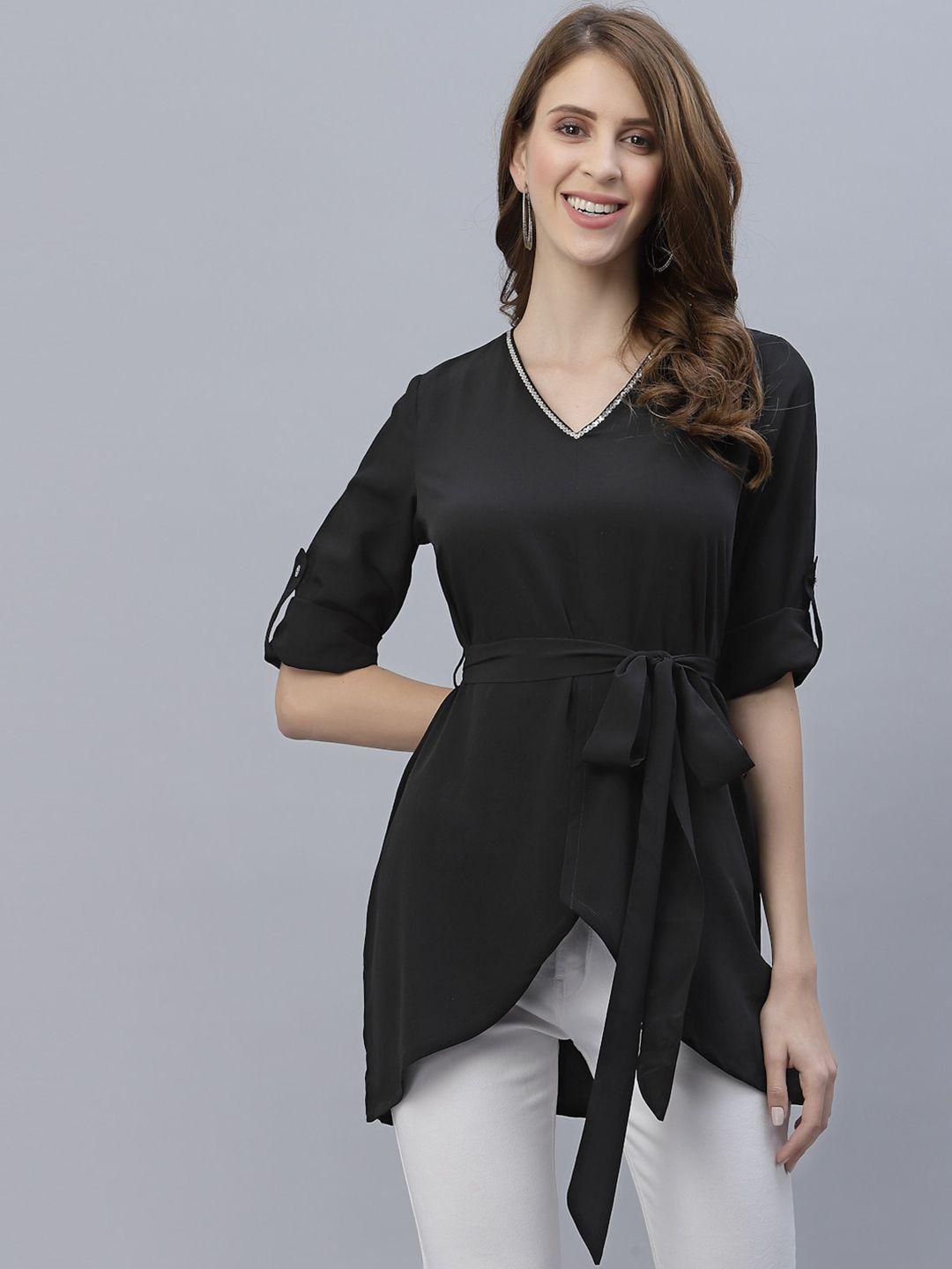 raassio black roll-up sleeves cinched waist longline top