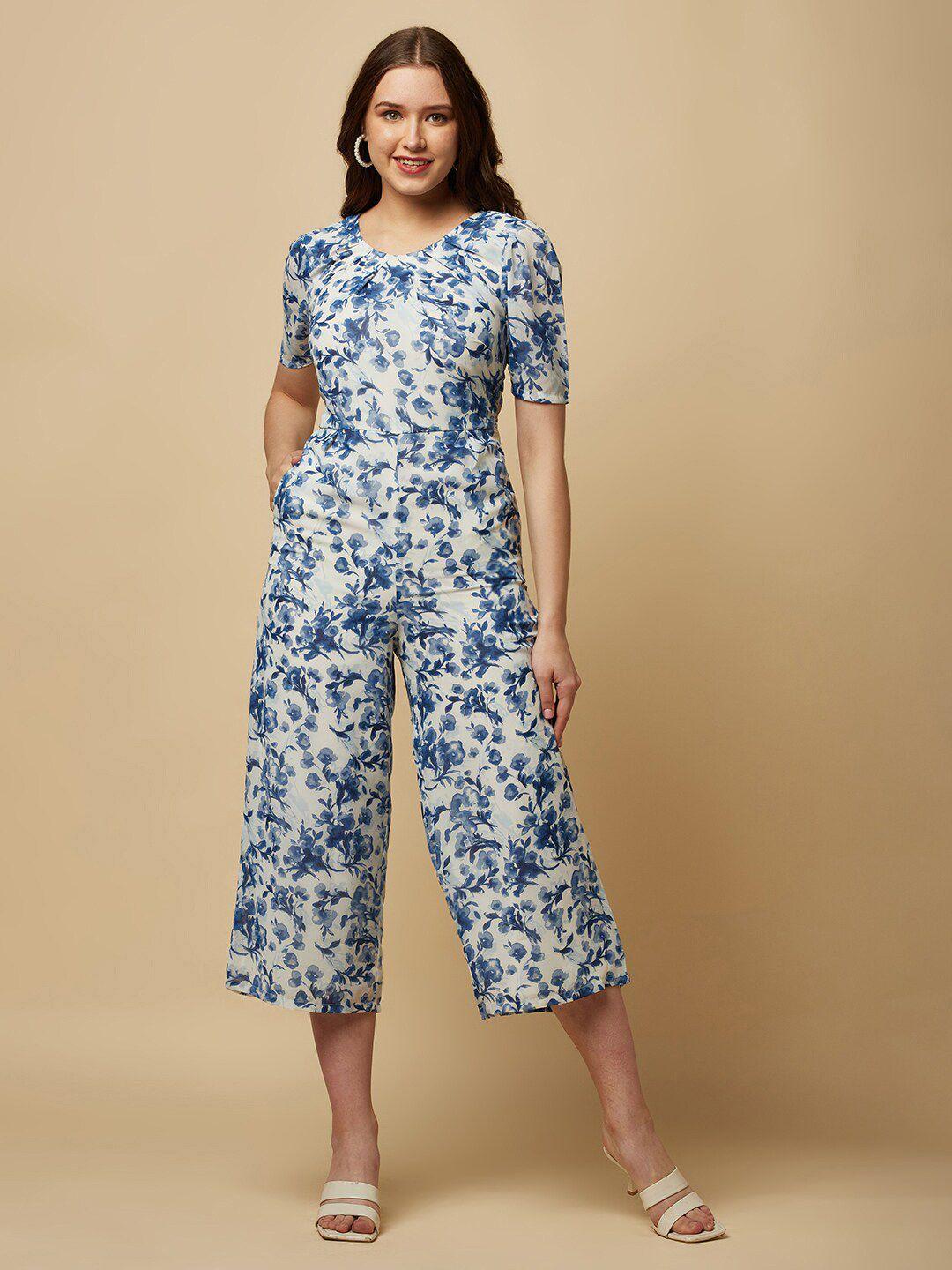 raassio blue & white printed basic jumpsuit