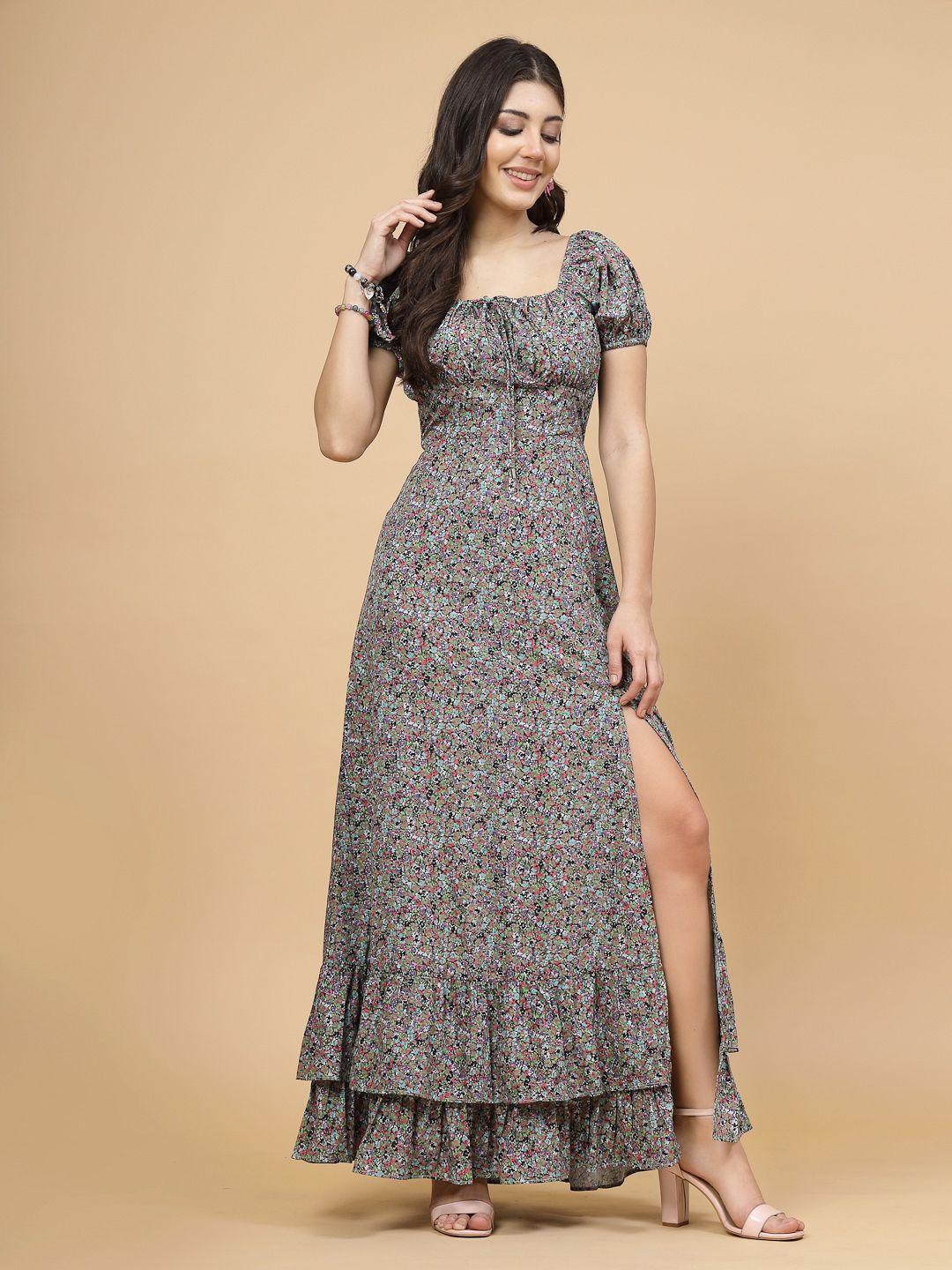 raassio floral print puff sleeves crepe maxi dress