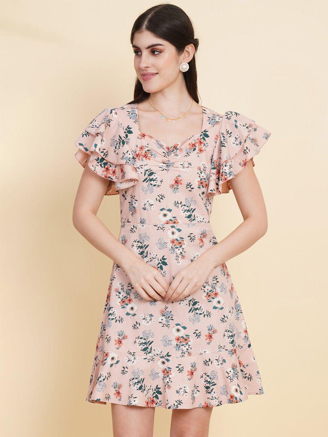 raassio floral printed flutter sleeve cotton mini a-line dress