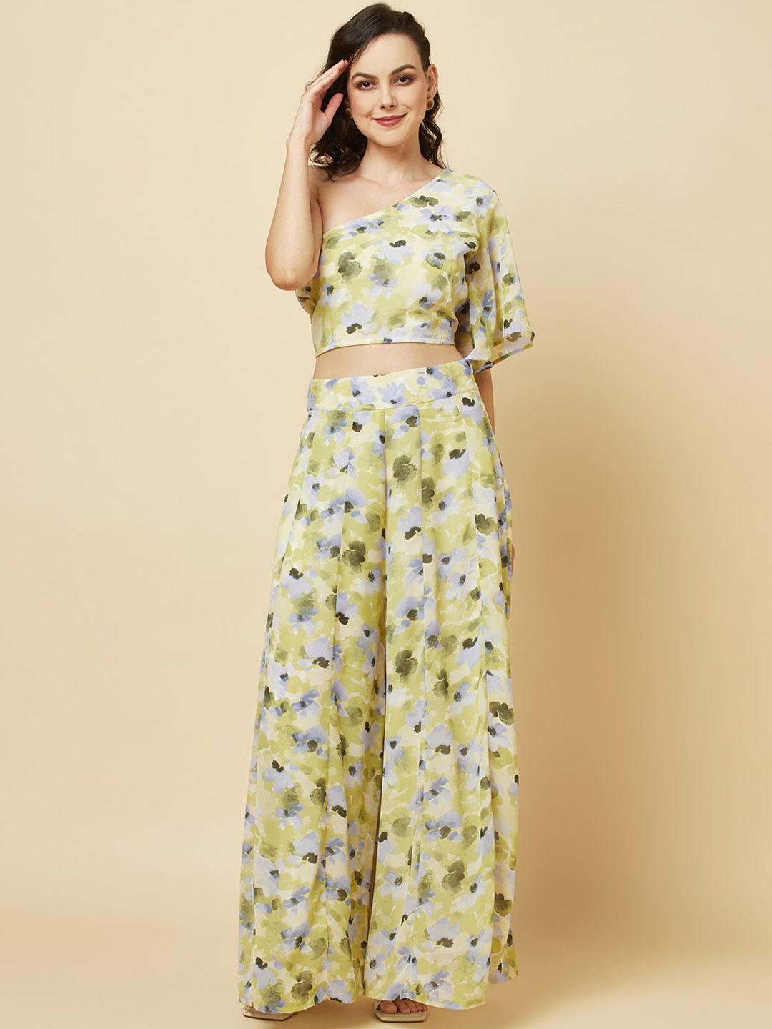 raassio floral printed one shoulder crop top with trousers co-ords