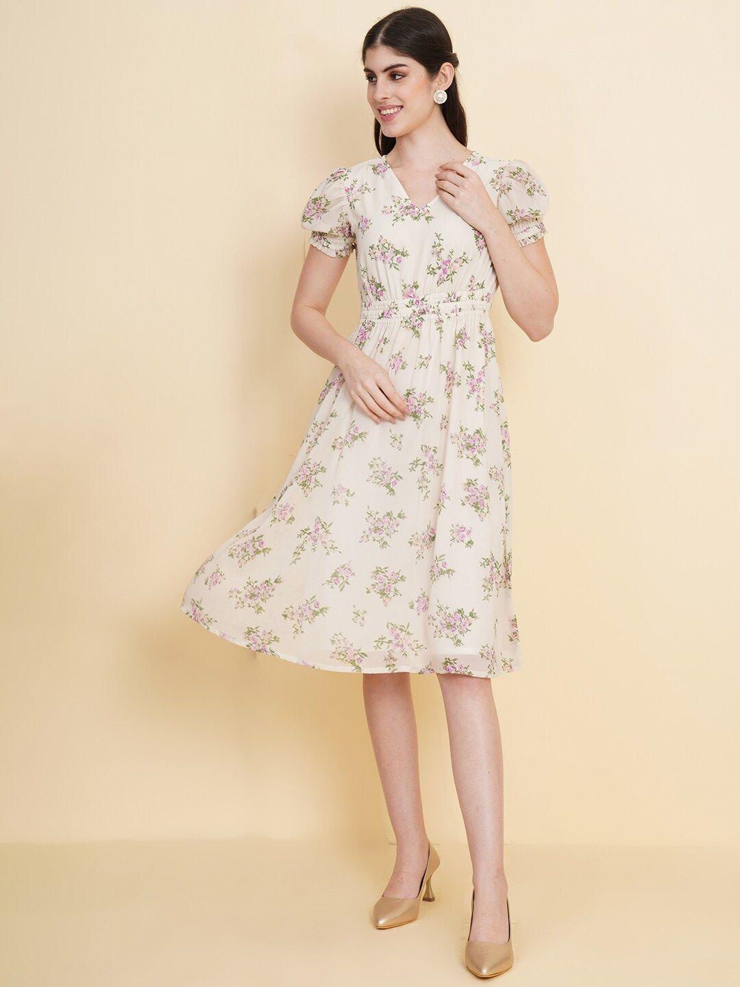 raassio floral printed puff sleeve fit & flare dress