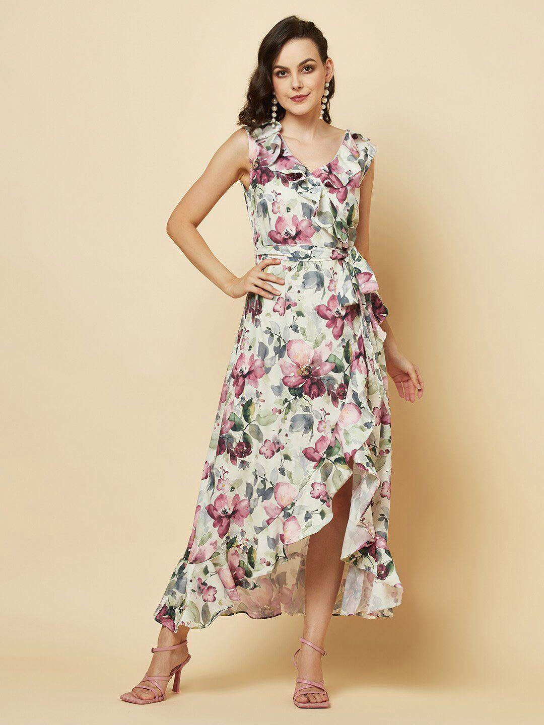 raassio floral printed ruffled wrap maxi dress with belt