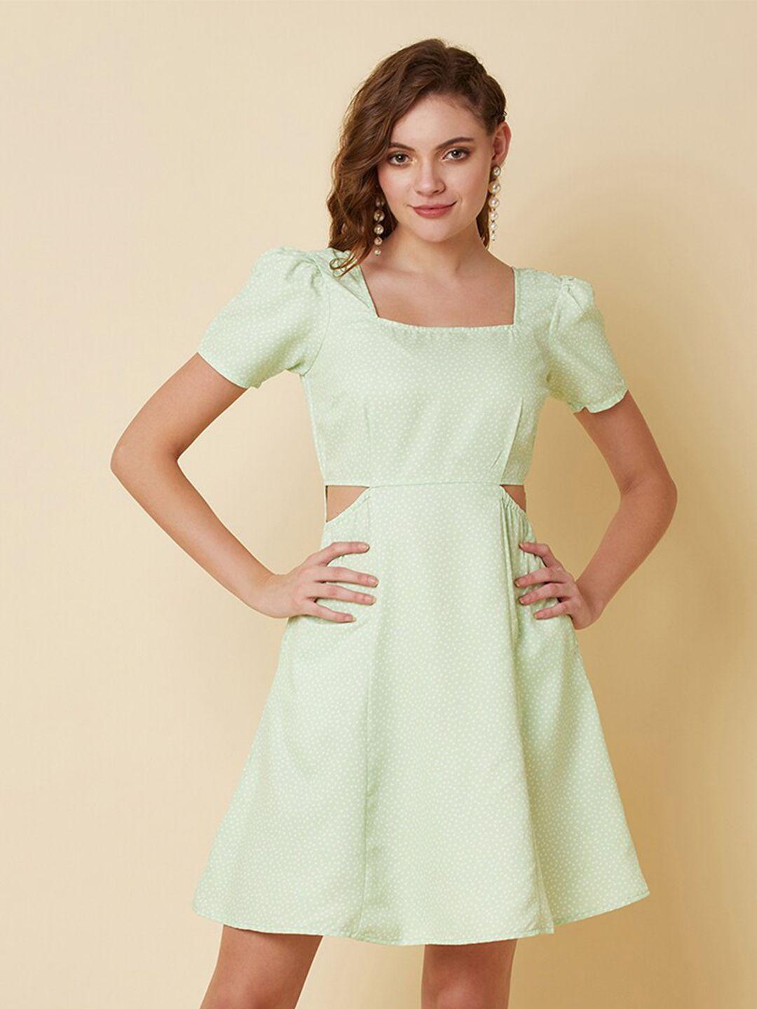 raassio green polka dots printed a-line dress