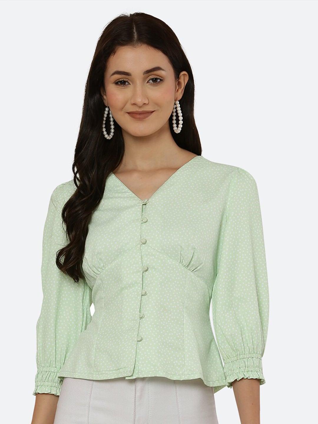 raassio green printed puff sleeves shirt style top