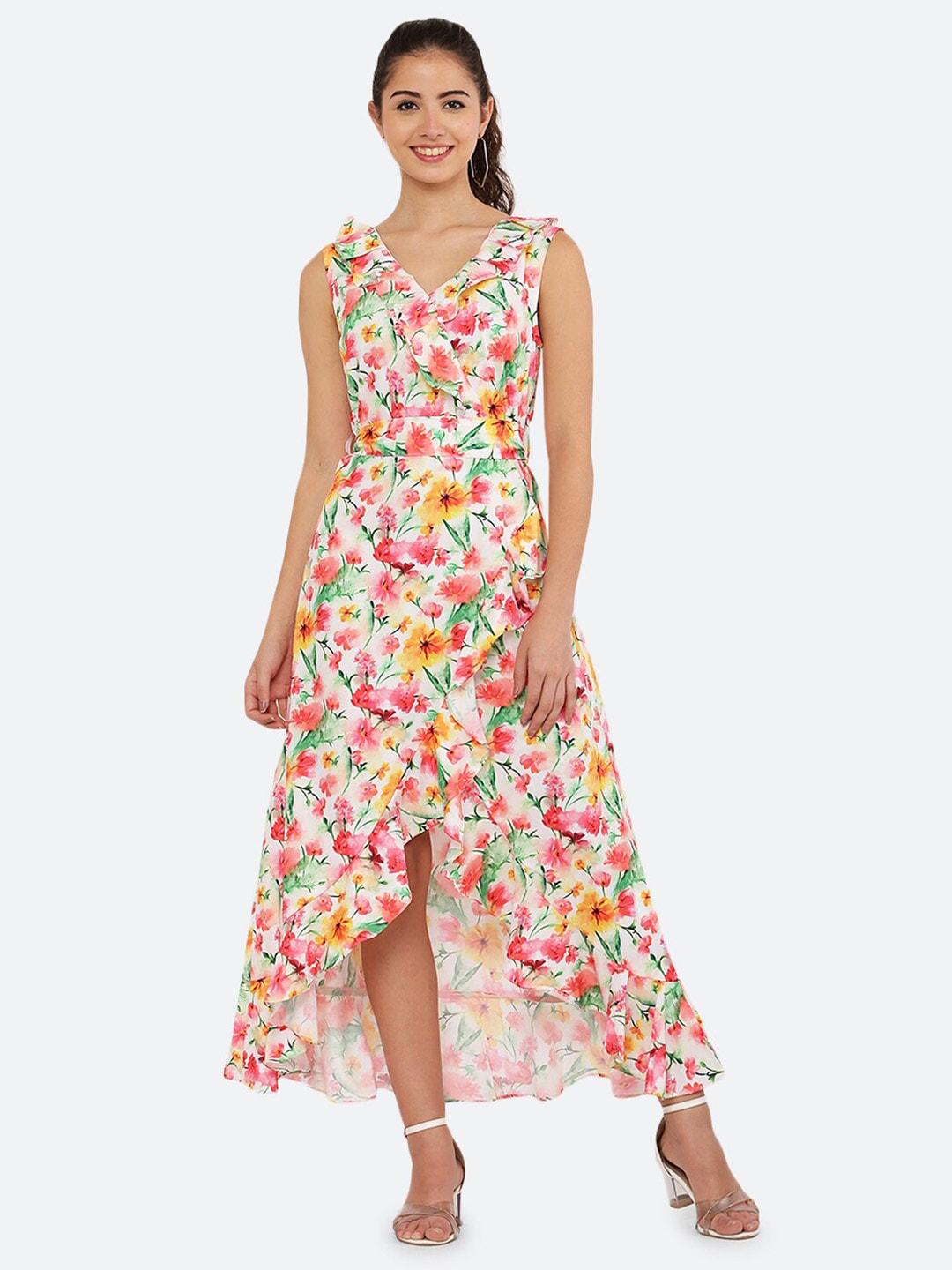 raassio off white & pink floral crepe maxi dress