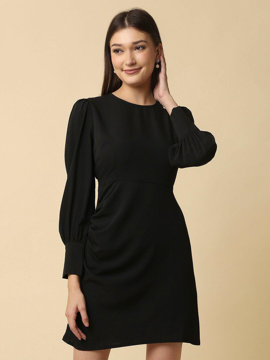 raassio women black solid crepe a-line dress