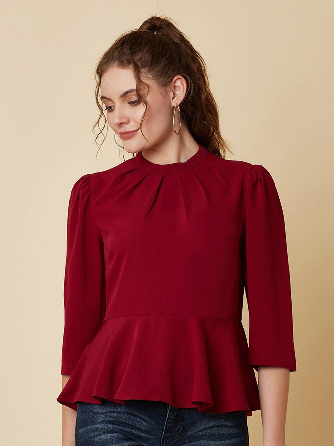 raassio women burgundy crepe peplum top