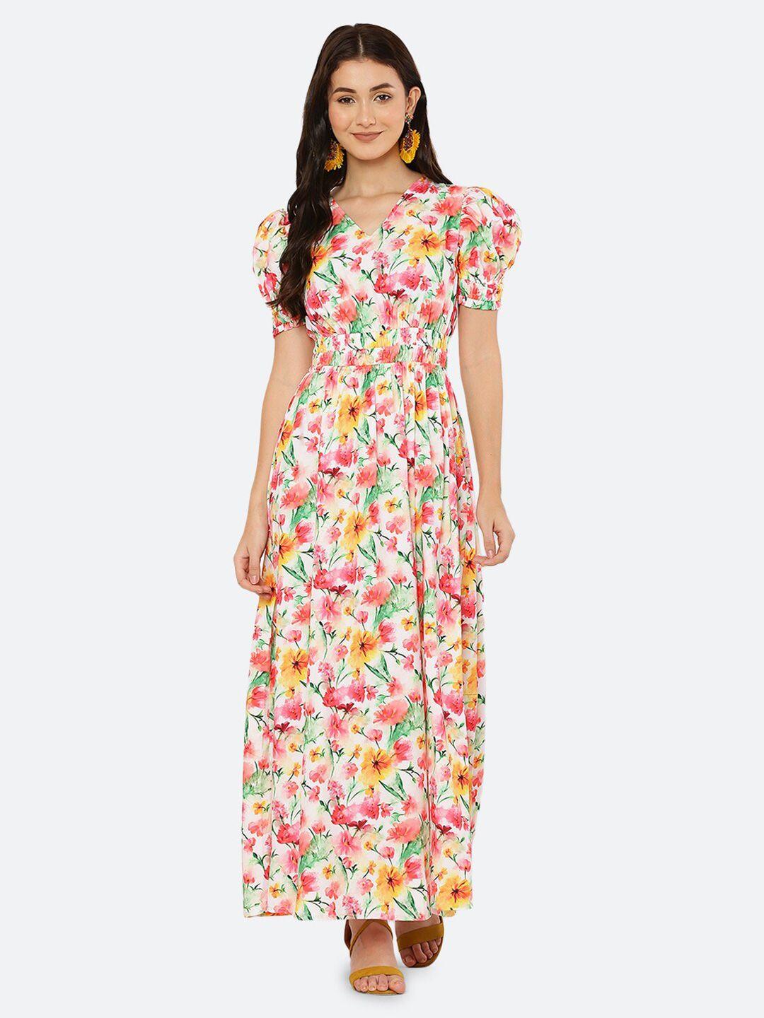 raassio women off white & pink floral crepe maxi dress