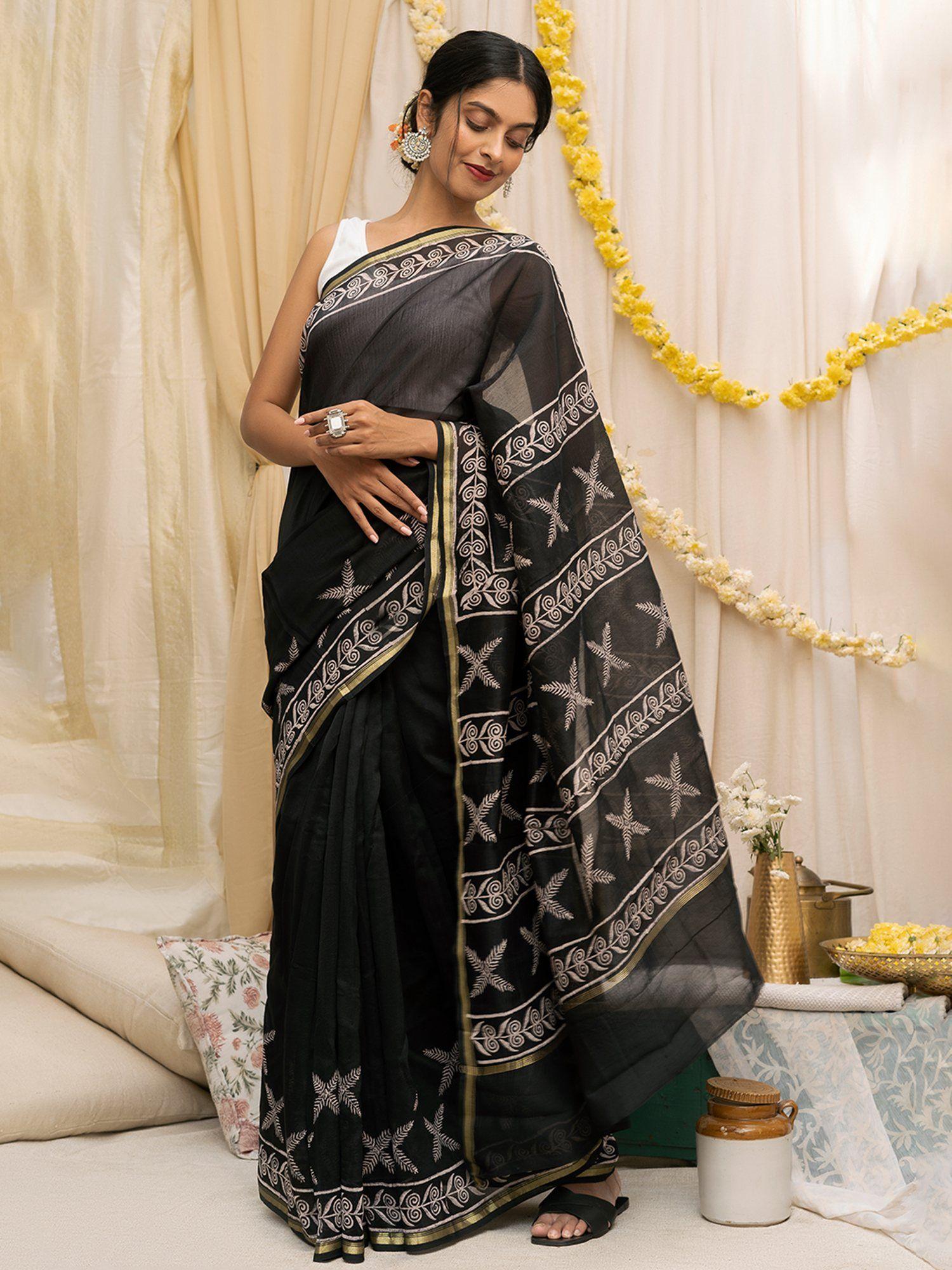 raat ki rani black block print chanderi silk saree with unstitched blouse