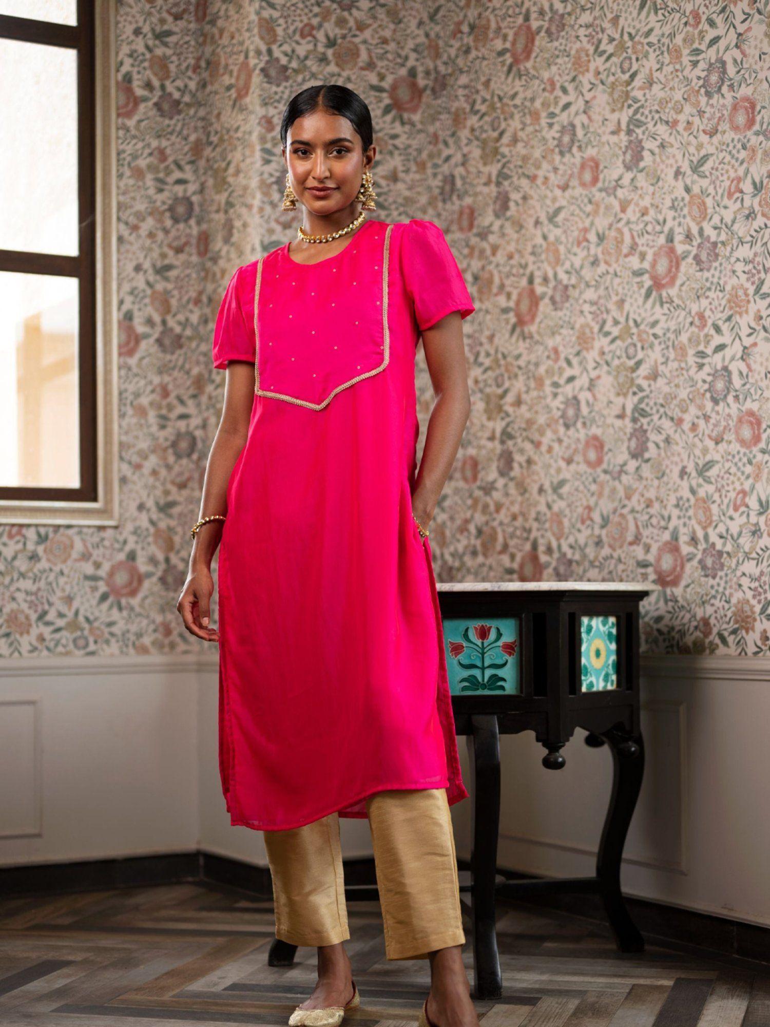 raati fuchsia embroidered yoke kurta