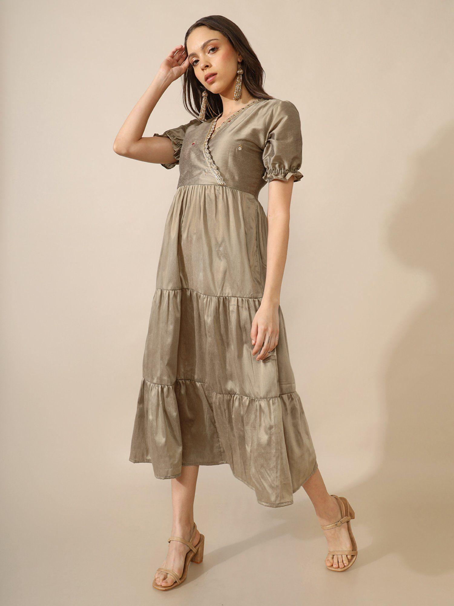 raati grey embroidered tiered dress