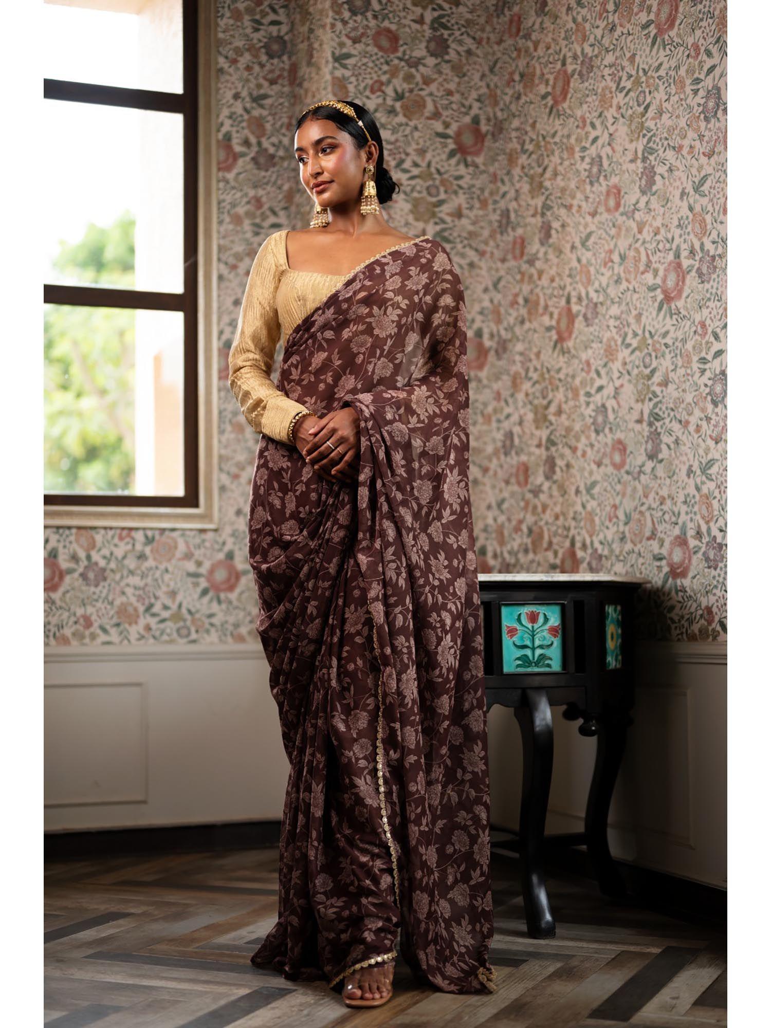 raati printed brown chiffon saree with unstitched blouse